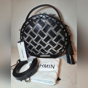 NWT Brahmin Lane Castle Glen Woven Crossed Black Silver Circle Crossbody Dustbag